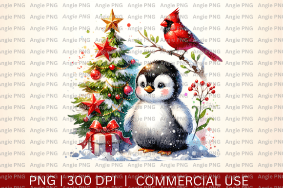 Watercolor Christmas Penguin, Cardinal: Festive PNG Design